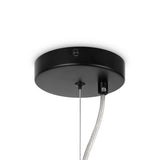 The Dallas 24 Light Chandelier features a sleek black circular design with two extending cables—a thin metallic and a thicker opaque—and smoky glass accents. Set against a white background, it evokes minimalist elegance like a modern chandelier.