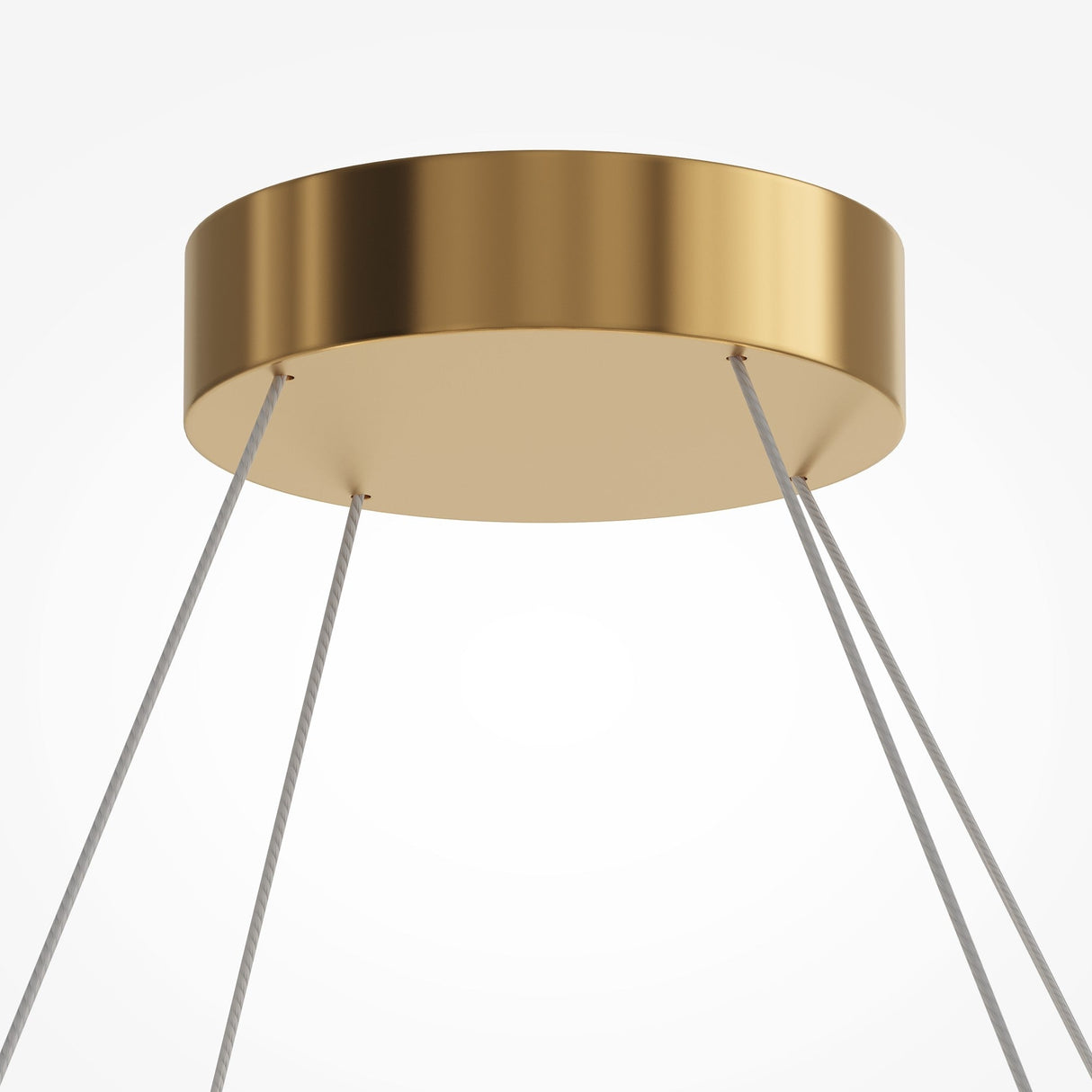 The Amulet LED Spiral Suspension Light combines a modern round, golden base suspended by four cables with ribbed glass spheres. Its minimalist design against a white background showcases its sleek contemporary style.