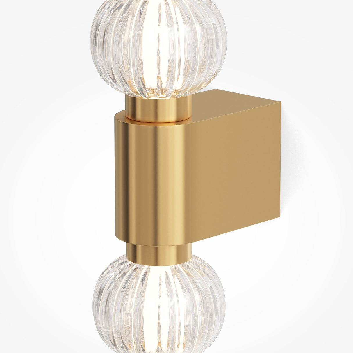 The Amulet LED Vertical Wall Light in gold features a modern design with its elegant gold base and two ribbed glass spheres, creating a chic ambiance.