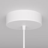 The white Arrow 1 Light Long Cone Pendant is a minimalist, circular ceiling light fixture with an arrow-like central rod, mounted flush against the ceiling for a subtle modern aesthetic in contemporary interiors.