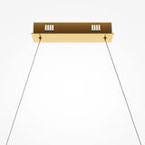 The Krone LED Long Crystal Linear Suspension Light - Brass is elegantly suspended by two slim cables, featuring a rectangular brass-colored base with four slits per side against a plain white background, epitomizing modern design.