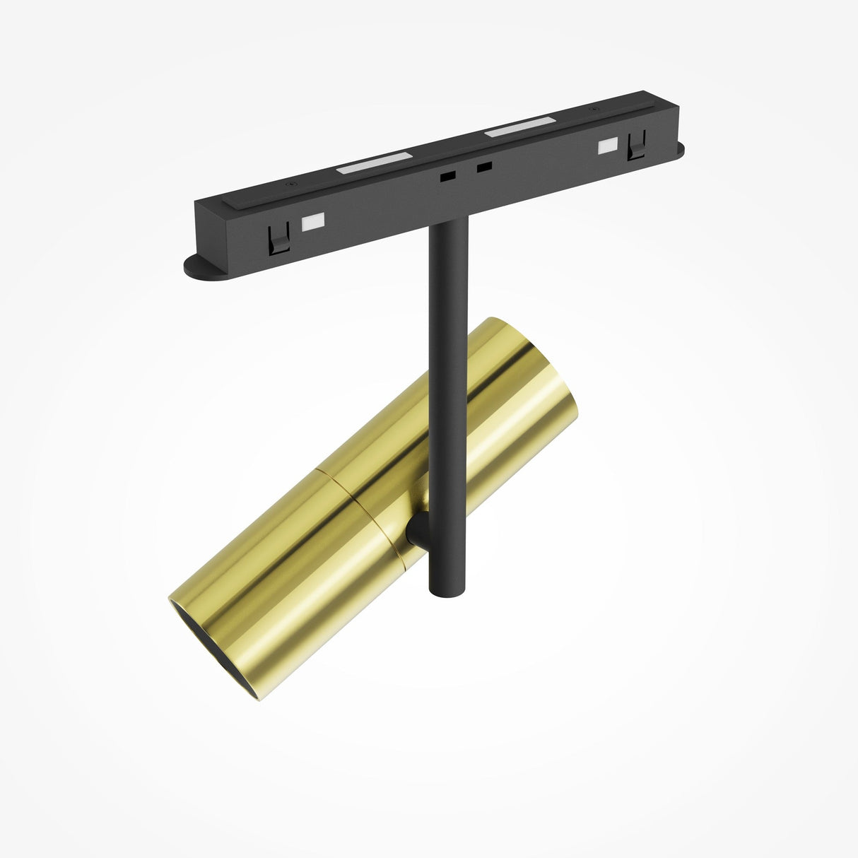 The Elti CCT Dimmable LED Magnetic Exility Track Spotlight 12W, with a black and brass finish, showcases a gold cylindrical light fixture and black mounting bracket. Its modern design and smart lighting technology are highlighted against a white background. Temperature range: 2700-6000K.