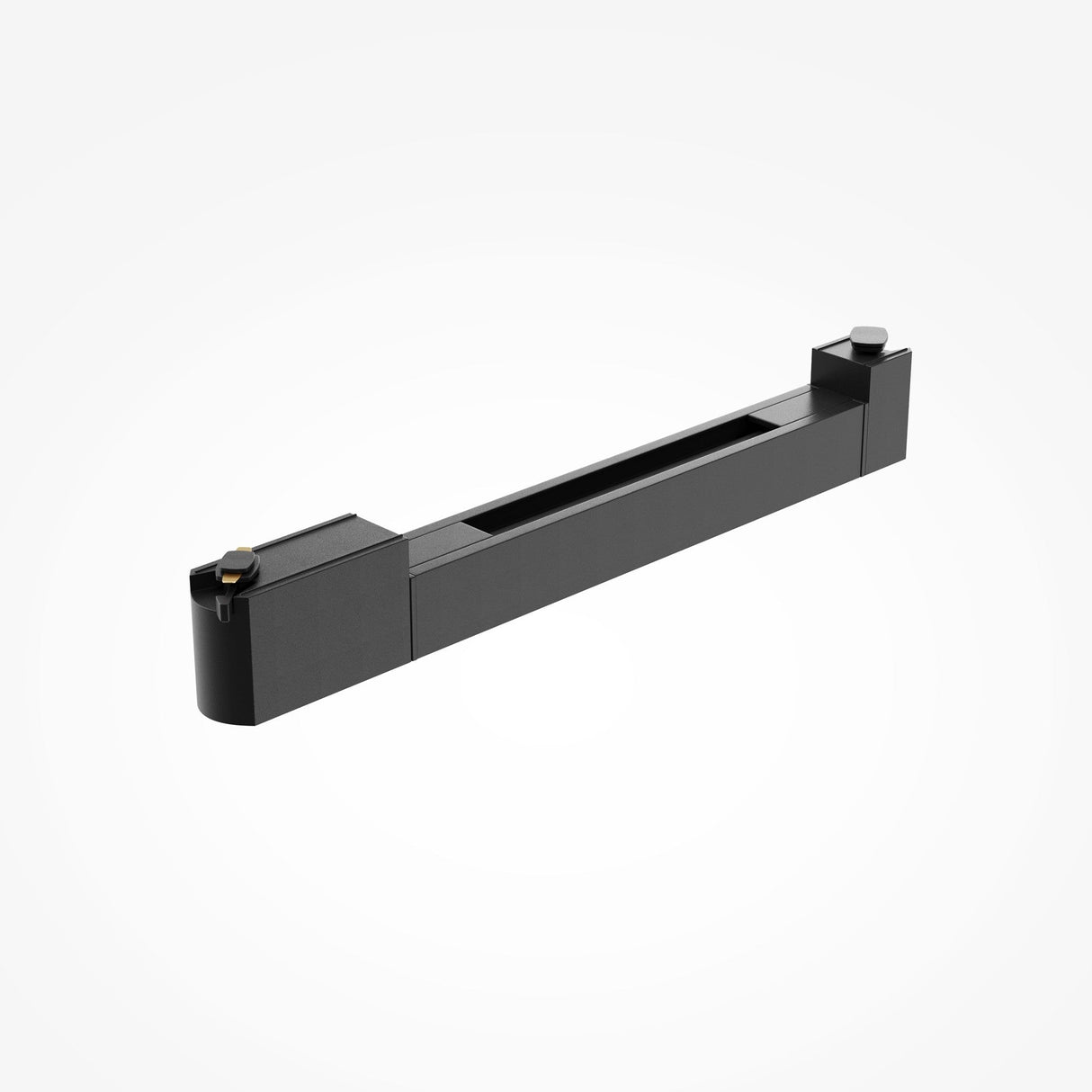 The Points Rot LED Swivel Linear Track Light for Single Phase, a long black rectangular object against a white background, features a hollow center with protrusions at each end, emitting a 3000K warm white glow with high color rendering.