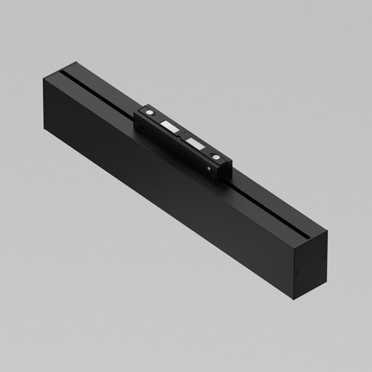 A black rectangular Basis LED Linear Track Light for Magnetic S35 12W 3000K with a protruding part housing two small screens and a top button, set on a light gray background.