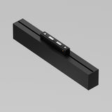 A black rectangular Basis LED Linear Track Light for Magnetic S35 12W 3000K with a protruding part housing two small screens and a top button, set on a light gray background.