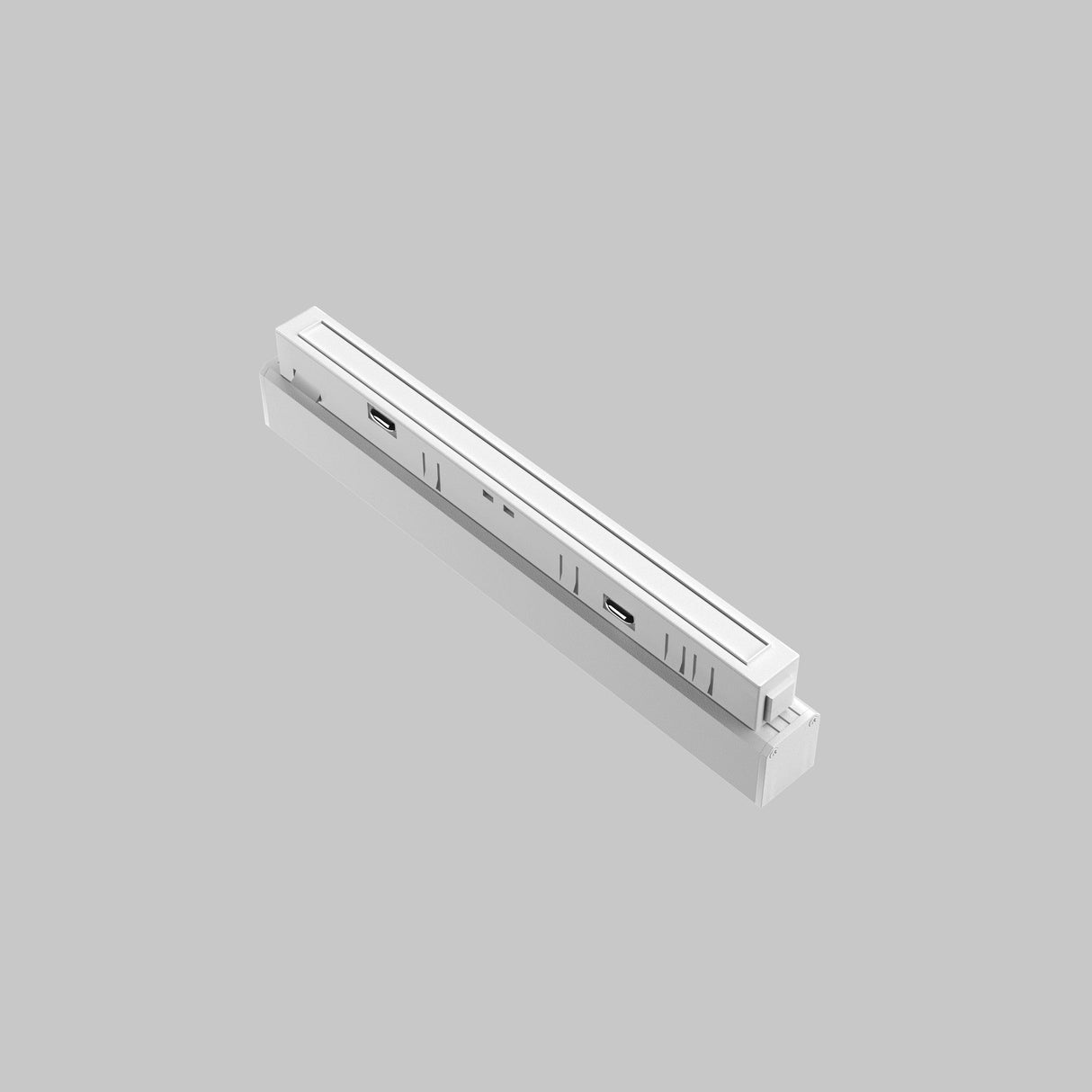 A slim white power strip with USB, HDMI ports, and multiple outlets on a gray background features Magnetic Exility for easy attachment and complements any space. It integrates seamlessly with the Points LED Linear Track Light for Magnetic Exility 12W 3000K - White.