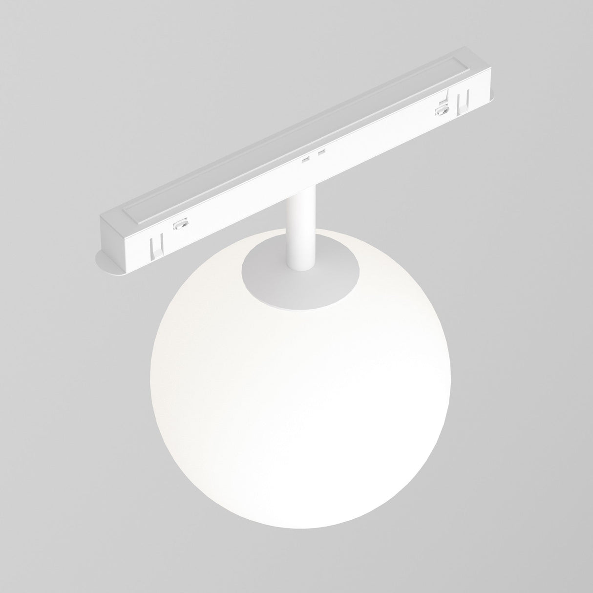 A sleek, modern design featuring a Luna CCT LED Dimmable Smart Magnetic Exility Track Globe Ceiling Light in white, emitting a subtle glow from 3000-6000K. The spherical lamp is suspended on a neutral gray background.
