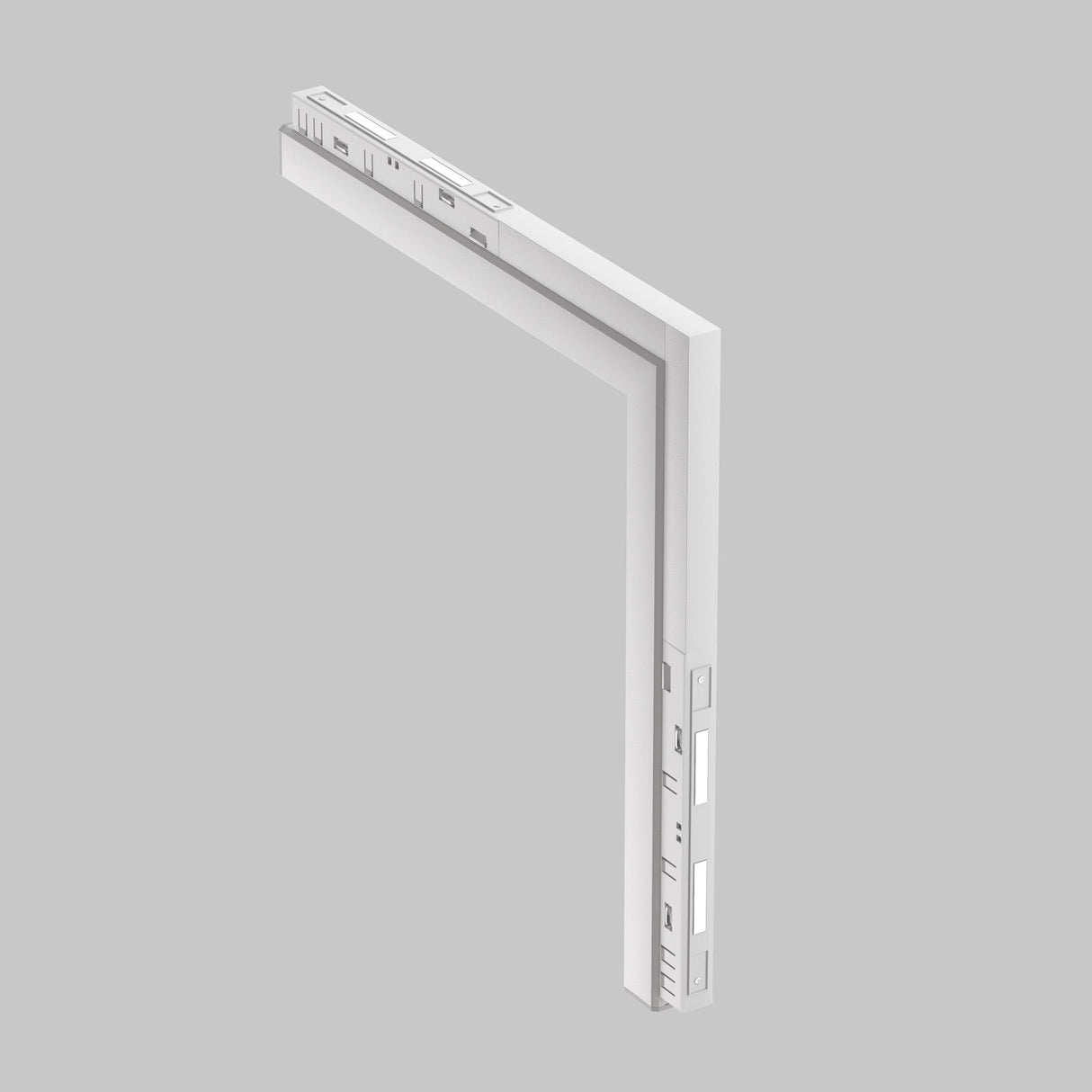 Illustration of the sleek white Basis Angle CCT LED Dimmable 90° Linear Track Light with side buttons and set against a gray background—perfect for Bluetooth Mesh technology integration in modern lighting solutions.