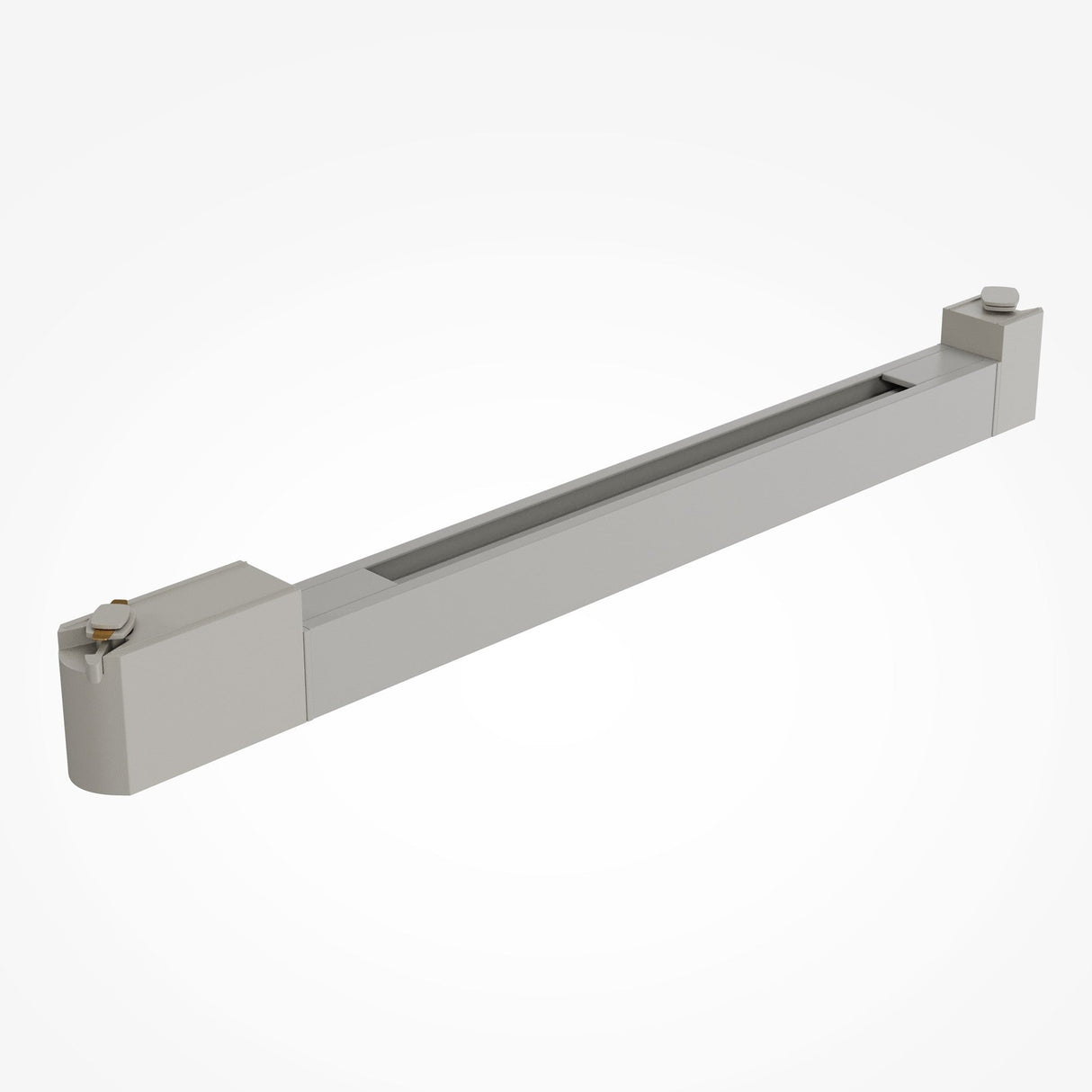 A white rectangular sliding latch lock with rounded ends for a door or window, featuring a minimalist design, metal bolt, and two screw holes for installation.