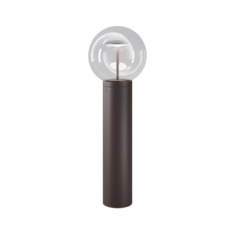 Maytoni Velora LED bollard light with brown cylindrical metal column and clear spherical glass globe, IP65 outdoor fitting on a white background.