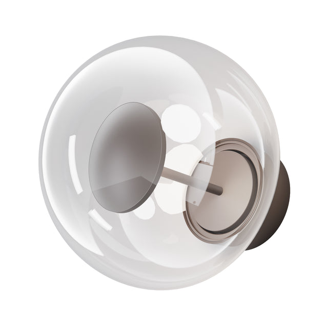 Maytoni Velora 8W 3000K LED outdoor wall light with a clear spherical glass shade and brown circular backplate, shown on a white background.