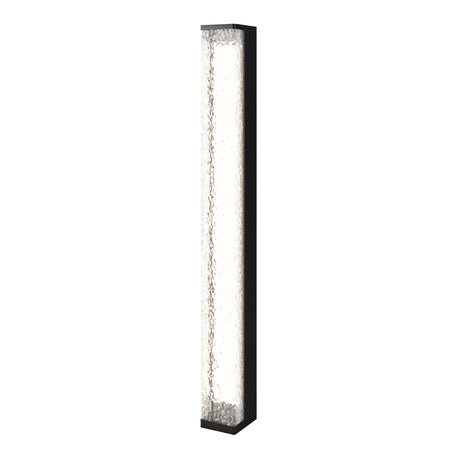Maytoni Floeva 18W LED bollard light in black with a tall rectangular metal frame and frosted textured diffuser panel, on a white background.