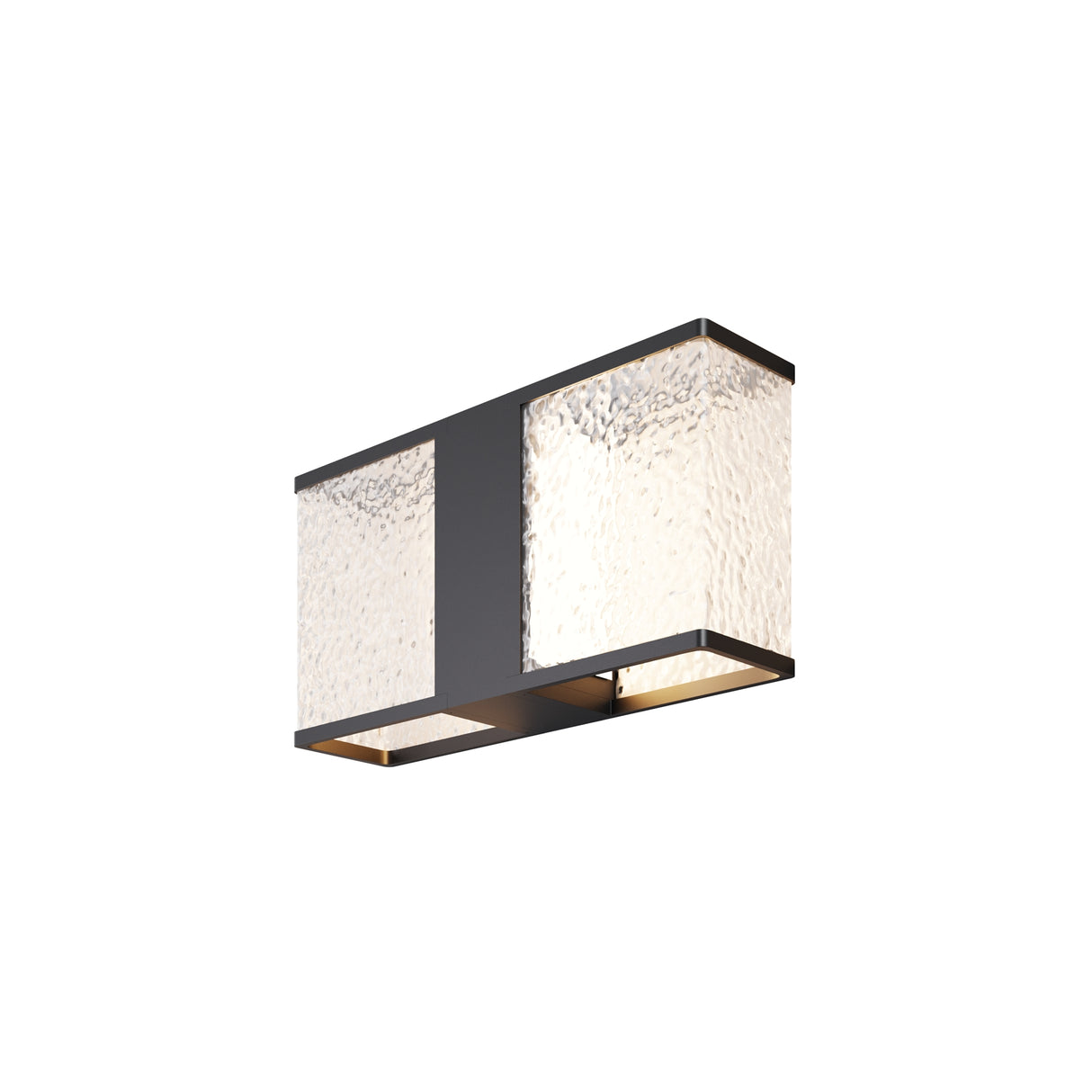 Maytoni Floeva outdoor wall light with a rectangular black metal frame and textured glass diffuser panels on the front and side, on a white background.
