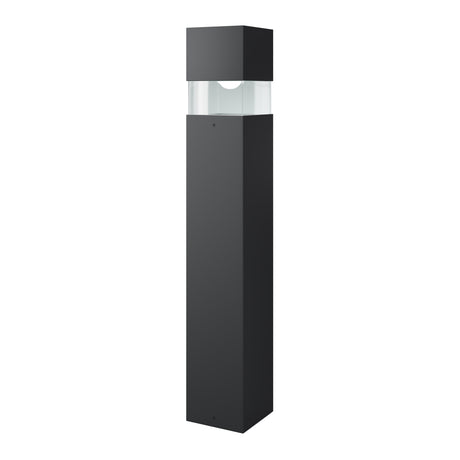 Maytoni Quadra 15W LED bollard light in matt black metal, square column form with a clear illuminated mid-section band, on a white background.