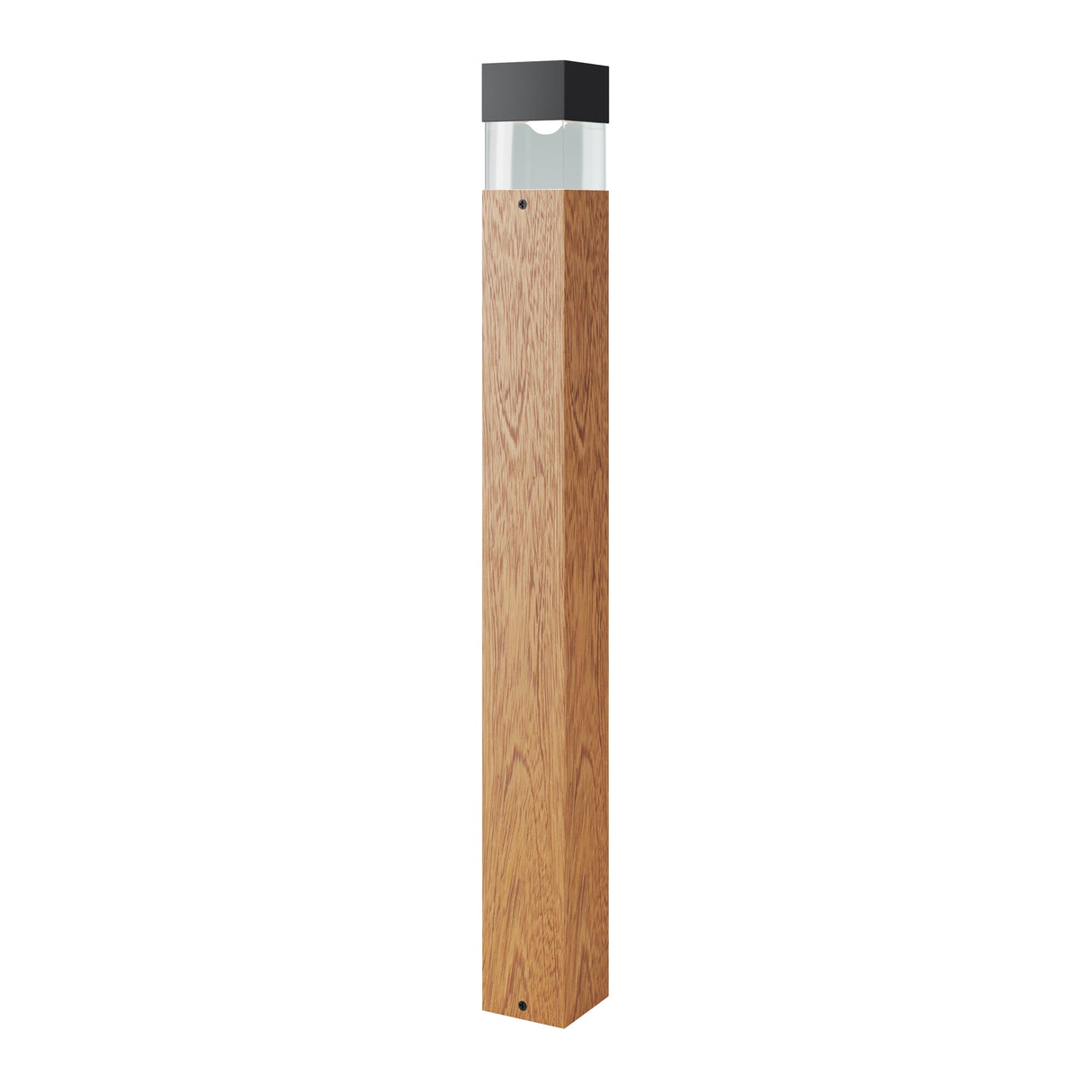 Maytoni Quadra Tree LED bollard light with square oak timber post, clear polycarbonate diffuser and matt black aluminium top, on a white background.