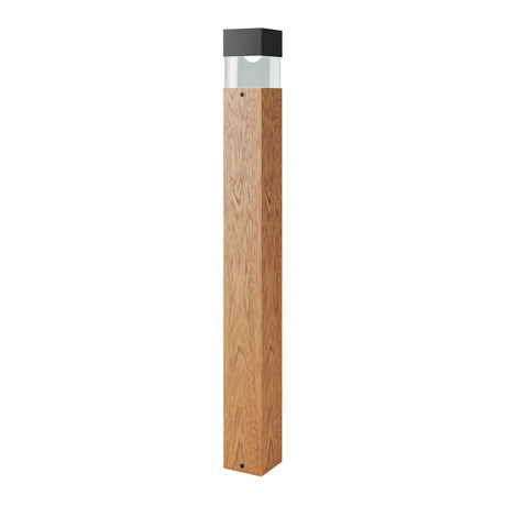Maytoni Quadra Tree LED bollard light with square oak timber post, clear polycarbonate diffuser and matt black aluminium top, on a white background.