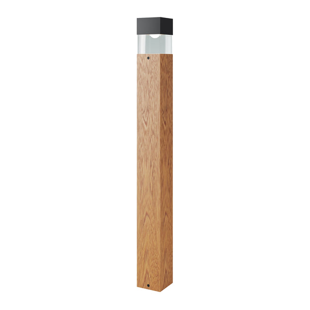 Maytoni Quadra Tree LED bollard light with square oak timber post, clear polycarbonate diffuser and matt black aluminium top, on a white background.