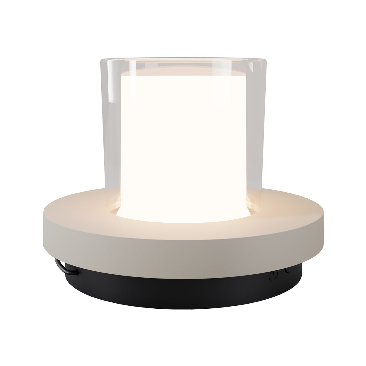 Maytoni Lantra rechargeable LED table lamp with frosted acrylic diffuser in a clear cylinder on a white and black round base, shown lit.
