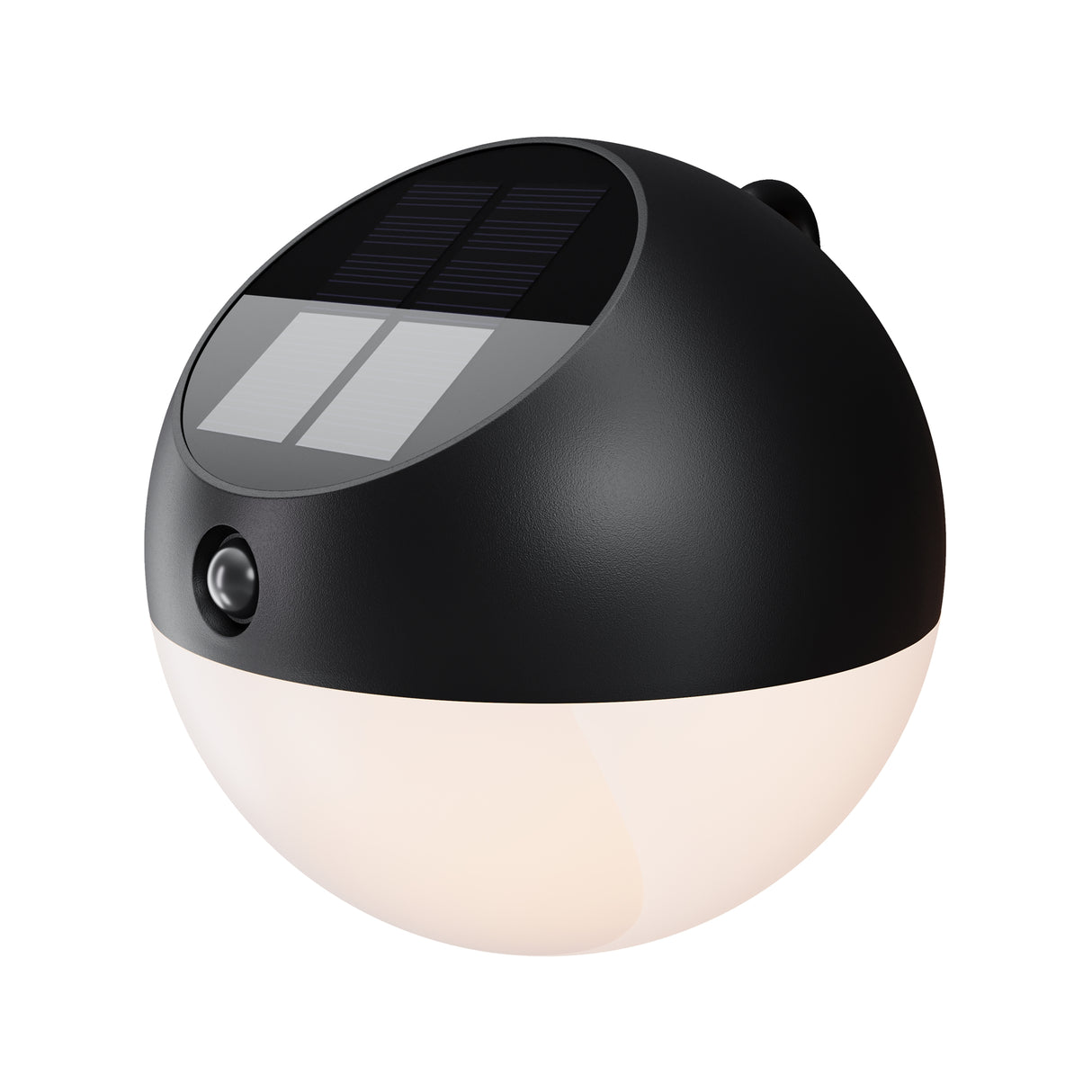 Maytoni Lactea solar LED table lamp in matt black with spherical aluminium housing, frosted lower diffuser, side touch control and top solar panel.