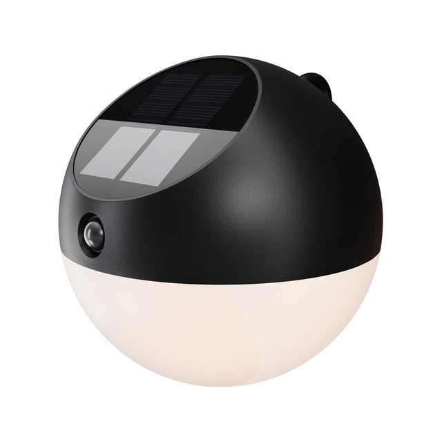 Maytoni Lactea solar LED table lamp in matt black with spherical aluminium housing, frosted lower diffuser, side touch control and top solar panel.