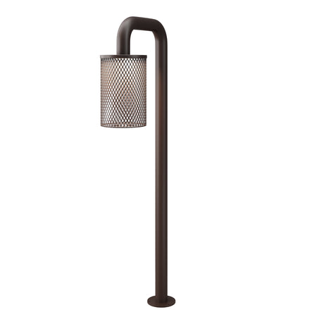 Maytoni Latticea LED bollard light in brown with tall curved aluminium post and cylindrical mesh shade, shown on a plain white background.