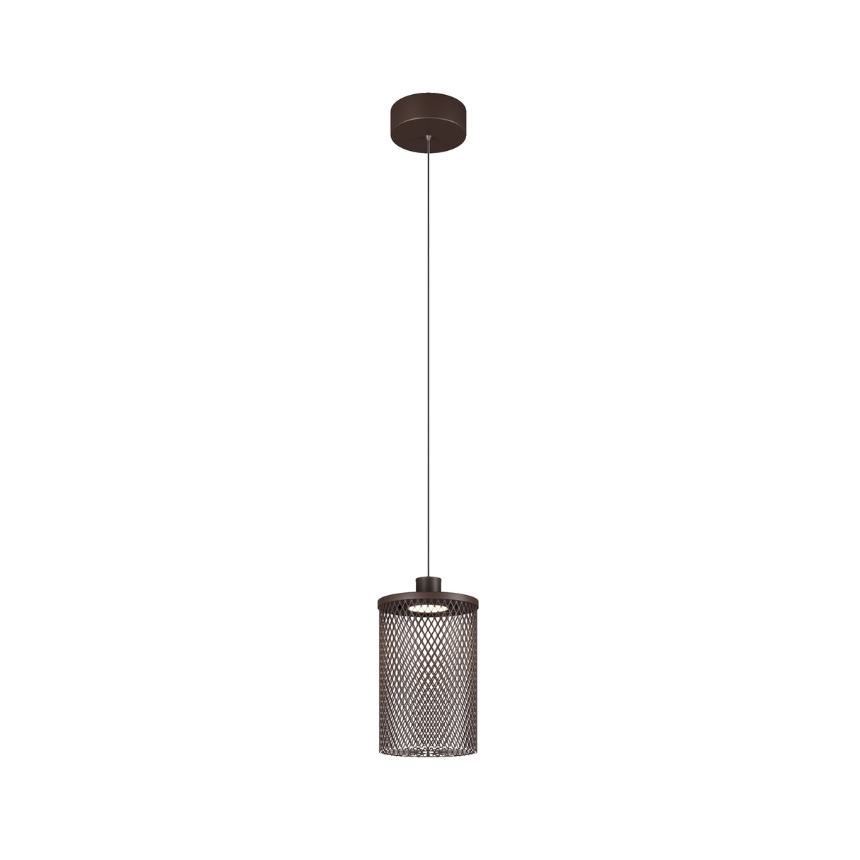Maytoni Latticea LED outdoor pendant light with a cylindrical brown aluminium mesh shade suspended by a single cable from a matching ceiling rose.