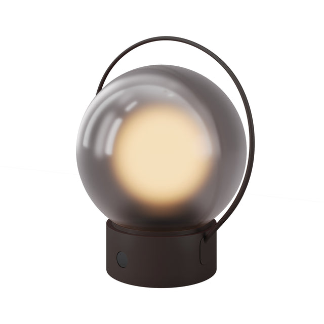 Maytoni Elyra rechargeable LED lantern with smoked glass globe, brown aluminium base, dimmer button and black metal carry handle on a white background.