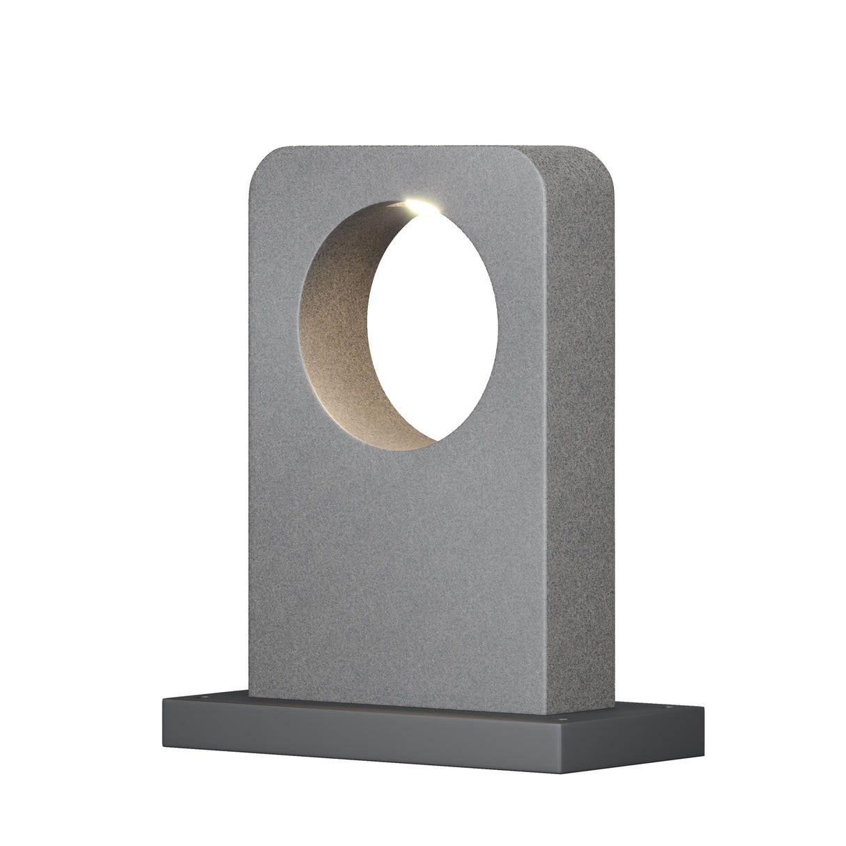 Maytoni Betone LED bollard light with textured cement body, oval cut-out aperture emitting warm white light, and dark grey aluminium base on plain background.