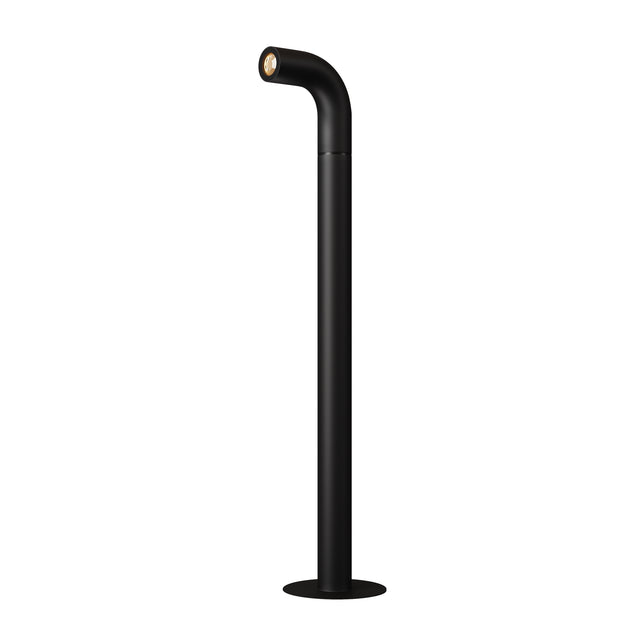 Maytoni Sleek LED bollard light in graphite with a tall steel post and angled downward-facing lamp head on a round base, shown against a white background.