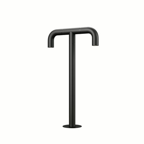 Maytoni Sleek LED bollard light in graphite steel, twin curved downward-facing arms on a tall column with circular base plate, on a plain white background.