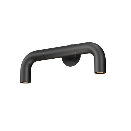 Maytoni Sleek dual-arm outdoor wall light in graphite steel, with two downward LED heads on a curved cylindrical frame and circular back plate.
