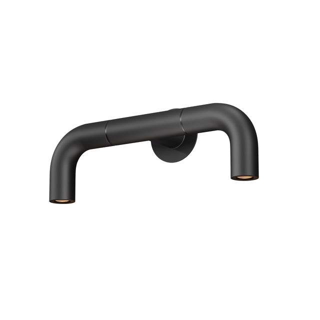 Maytoni Sleek dual-arm outdoor wall light in graphite steel, with two downward LED heads on a curved cylindrical frame and circular back plate.