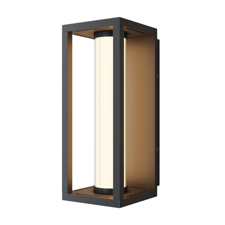 Maytoni Expo LED outdoor wall light with a black aluminium rectangular box frame surrounding a central frosted acrylic cylinder diffuser, on a white background.