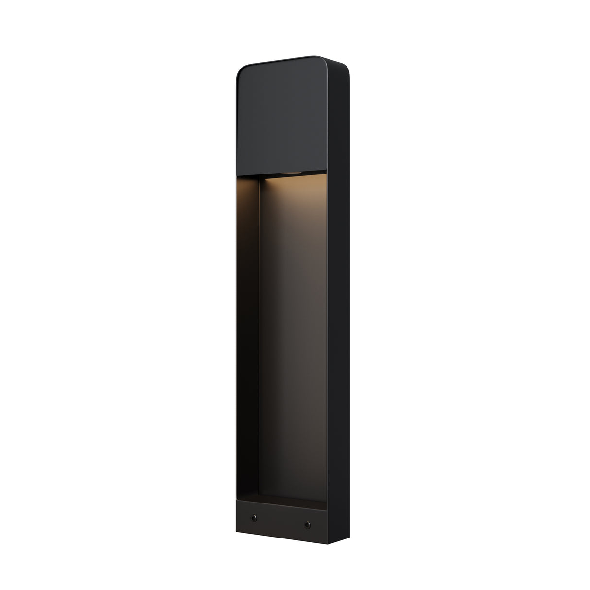 Maytoni Porte LED bollard light in matt black aluminium with tall rectangular profile and downward warm white 3000K glow, shown on a white background.