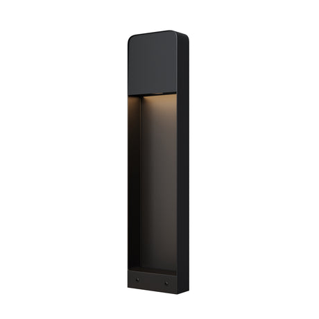 Maytoni Porte LED bollard light in matt black aluminium with tall rectangular profile and downward warm white glow, shown on a white background.