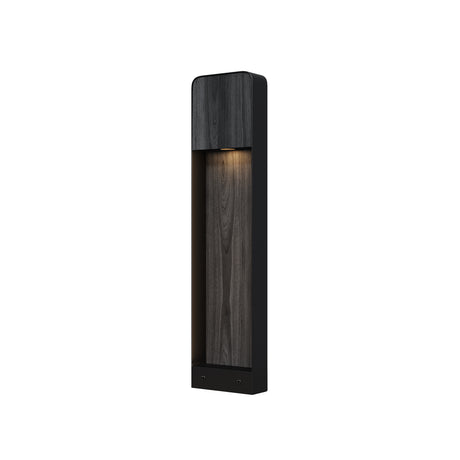 Maytoni Porte LED bollard light with tall rectangular aluminium body in black wood-effect finish and recessed downward warm white LED, on a white background.