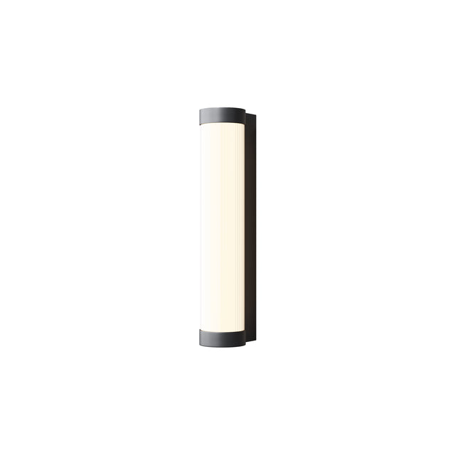 Maytoni Rounge LED outdoor wall light with a vertical frosted cylindrical diffuser and black aluminium end caps, shown on a plain white background.