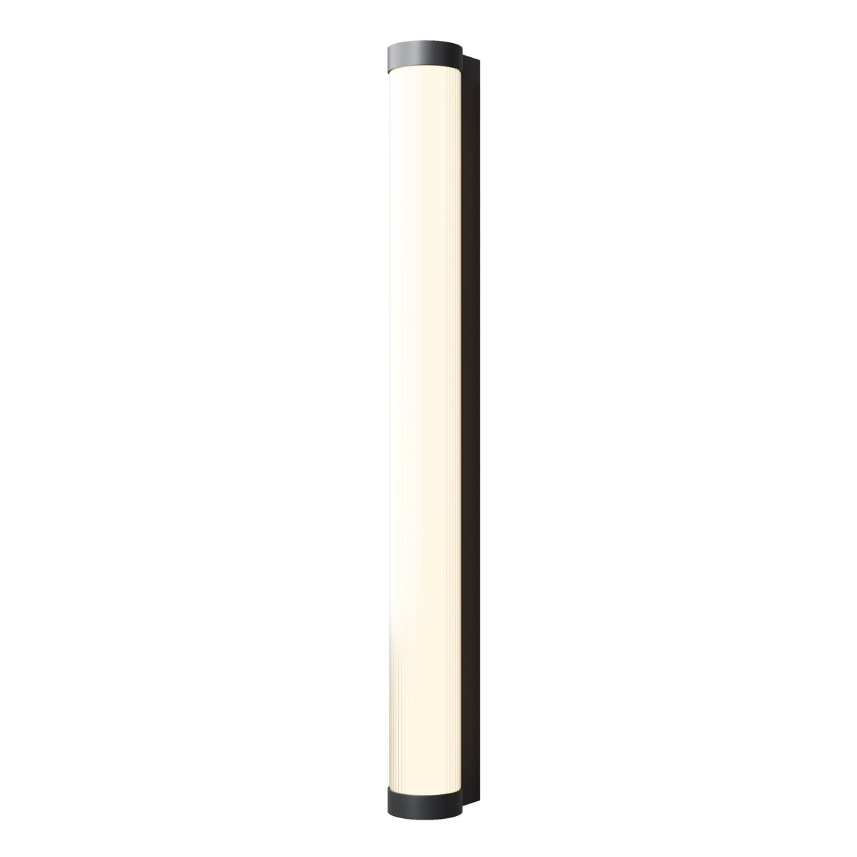 Maytoni Rounge LED outdoor wall light, tall vertical cylindrical fitting with matt black aluminium caps and opal ribbed diffuser, on a white background.