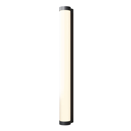 Maytoni Rounge LED outdoor wall light, tall vertical cylindrical fitting with matt black aluminium caps and opal ribbed diffuser, on a white background.