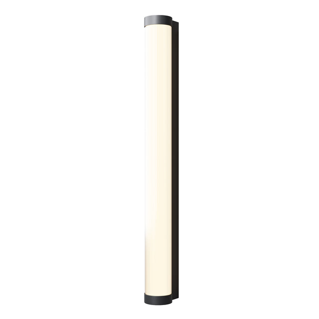 Maytoni Rounge LED outdoor wall light, tall vertical cylindrical fitting with matt black aluminium caps and opal ribbed diffuser, on a white background.