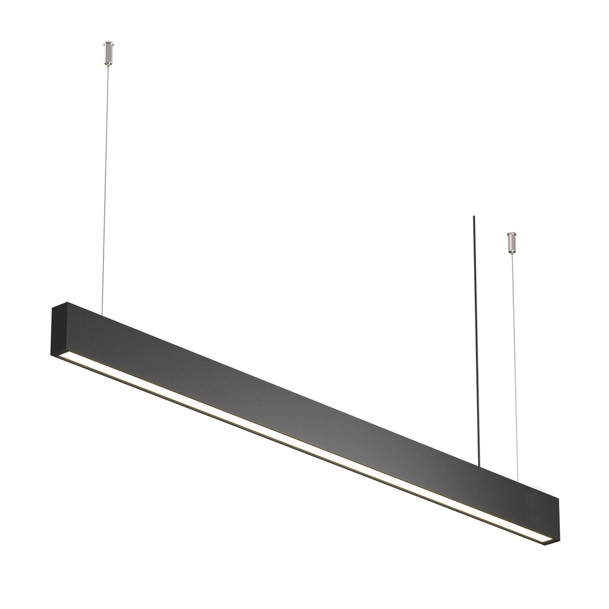 Maytoni Basis linear LED pendant light in black powder-coated aluminium, suspended by two slim cables against a plain white background.