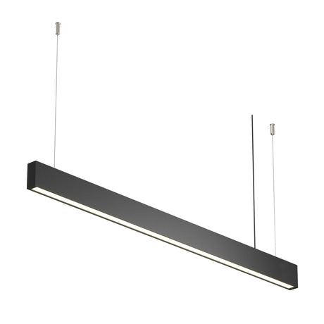 Maytoni Basis linear LED pendant light in matt black aluminium, suspended horizontally by two slim cables against a plain white background.