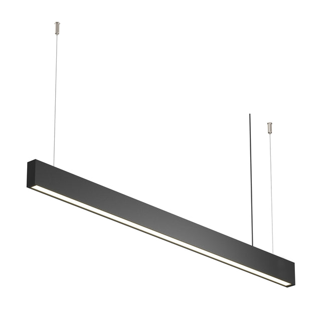 Maytoni Basis linear LED pendant light in black powder-coated aluminium, suspended by two slim cables against a plain white background.