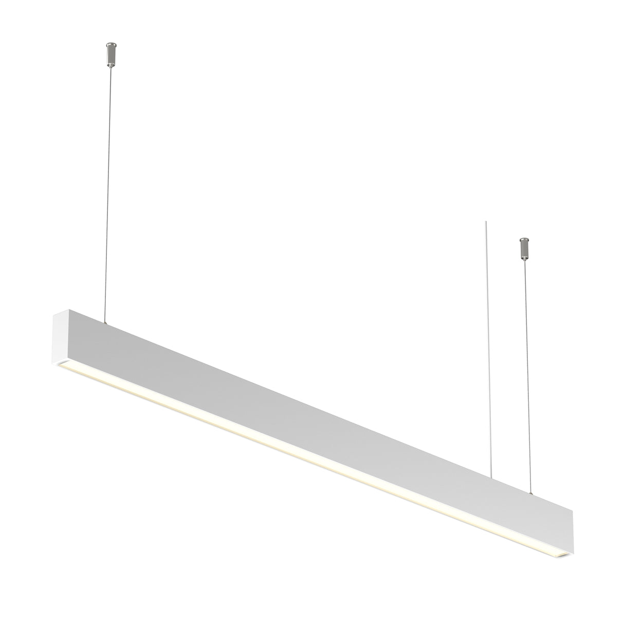 Maytoni Basis linear LED pendant light in white powder-coated aluminium, suspended horizontally by two thin cables on a plain white background.