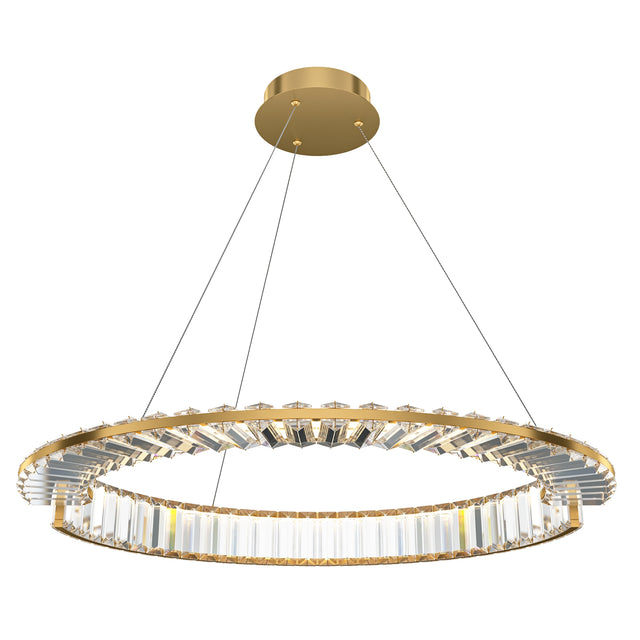 Maytoni Krone Crystal LED pendant light with a single brass ring lined with faceted crystal prisms, suspended by three cables from a brass canopy.