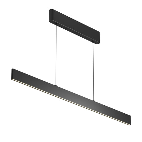 Maytoni Euphoria linear LED pendant light in matt black aluminium, suspended by wire cables from a rectangular ceiling canopy, on a white background.