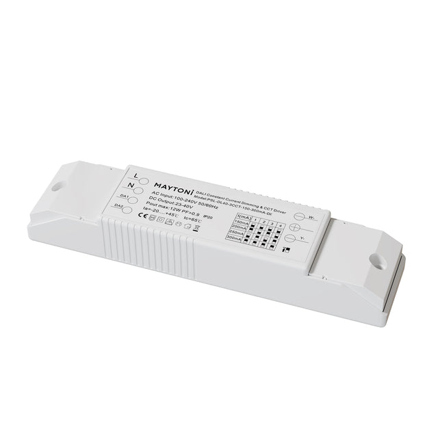 Maytoni DALI Constant Current 12W 300mA LED driver in a white plastic IP20 enclosure with labelled terminals and DIP switches, on a plain background.