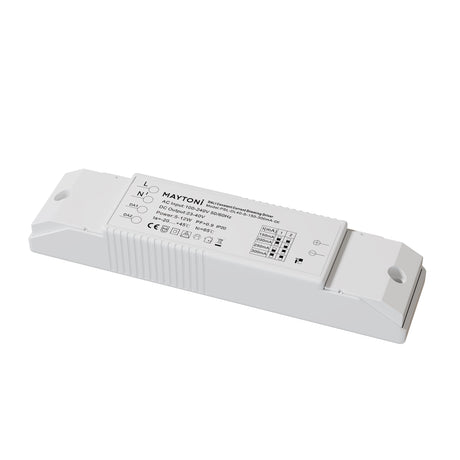 Maytoni 12W constant current LED driver in a rectangular white plastic housing with terminal markings and DIP switch current settings, on a white background.