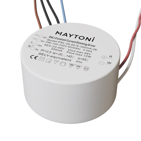 Maytoni 12W DALI dimmable LED driver in a round white plastic casing with coloured input and output wires, IP54 rated, on a plain background.