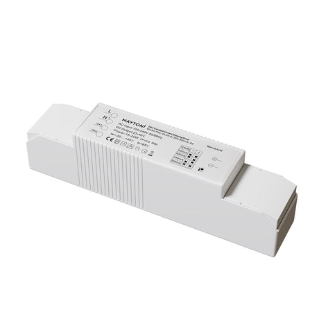 Maytoni 20W LED Driver 350-500mA in white plastic casing with ribbed cooling fins, screw terminals, and DIP switch current selector on a white background.
